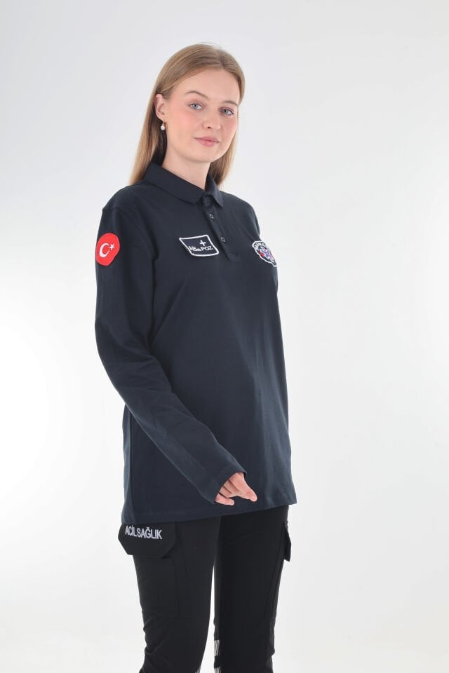 Paramedik Lacivert Penye Polo Yaka Uzun Kollu T-shirt (Unisex)