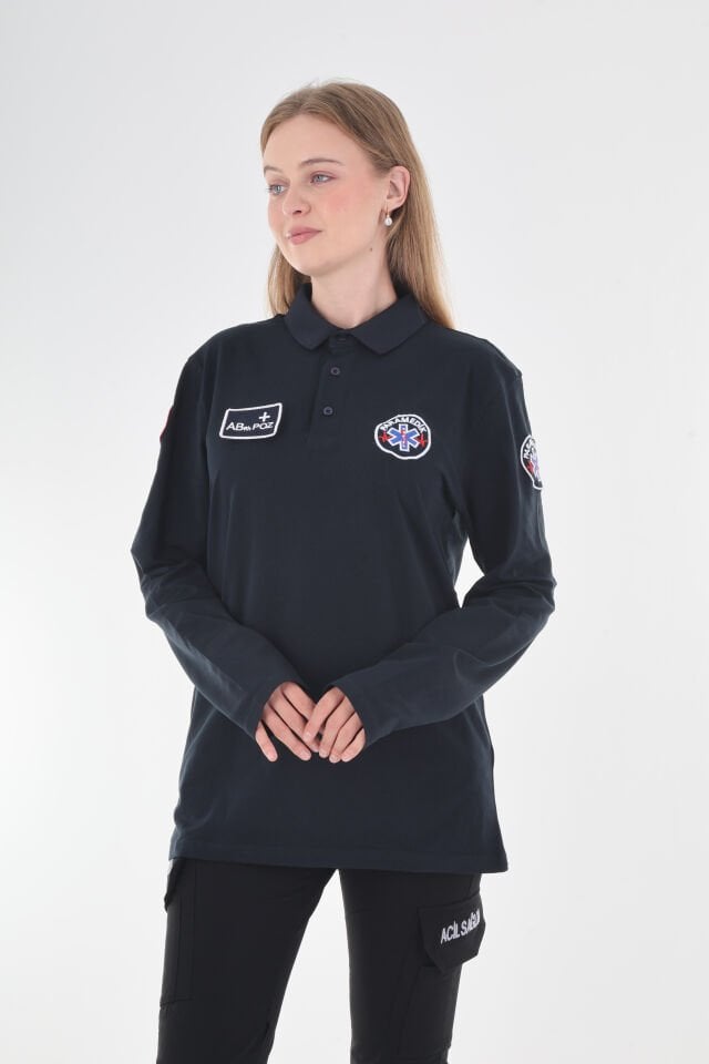 Paramedik Lacivert Penye Polo Yaka Uzun Kollu T-shirt (Unisex)