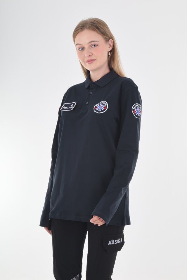 Paramedik Lacivert Penye Polo Yaka Uzun Kollu T-shirt (Unisex)