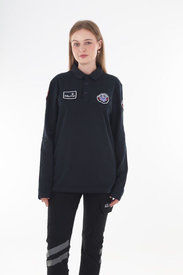 Paramedik Lacivert Penye Polo Yaka Uzun Kollu T-shirt (Unisex)