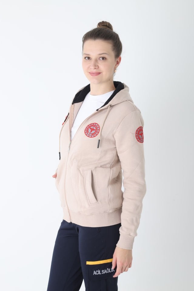 Yeni 112 Acil Sağlık Bej Rengi Kapşonlu Polar (Unisex)