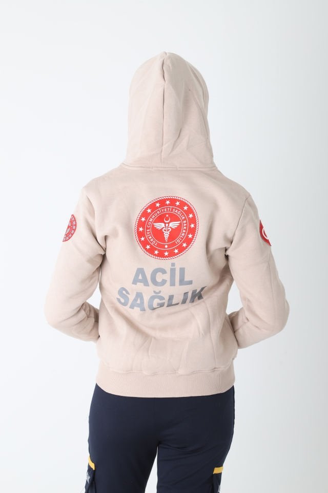 Yeni 112 Acil Sağlık Bej Rengi Kapşonlu Polar (Unisex)