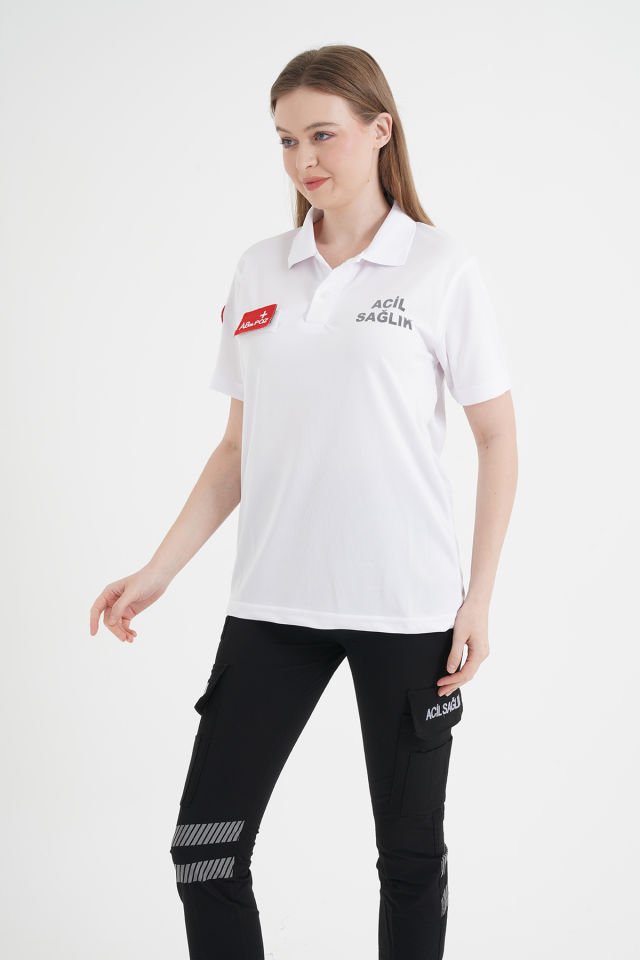 Acil Sağlık Comfort Polo Yaka T-shirt (Unisex-Fileli Kumaş) 3XL-54/56 Beden - Beyaz