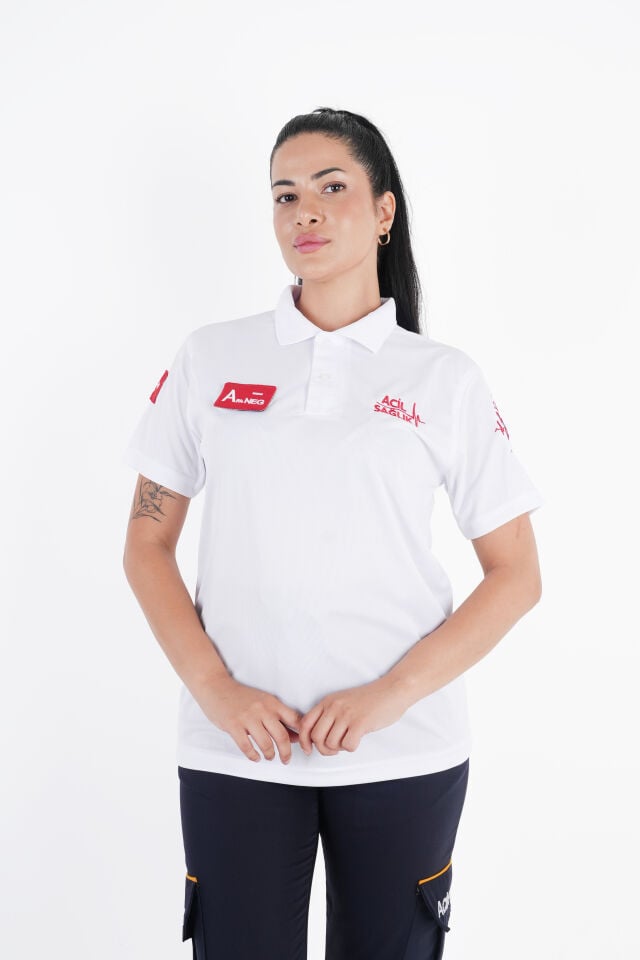 Ritimli Acil Sağlık Beyaz Comfort Polo Yaka (Unisex-Fileli)