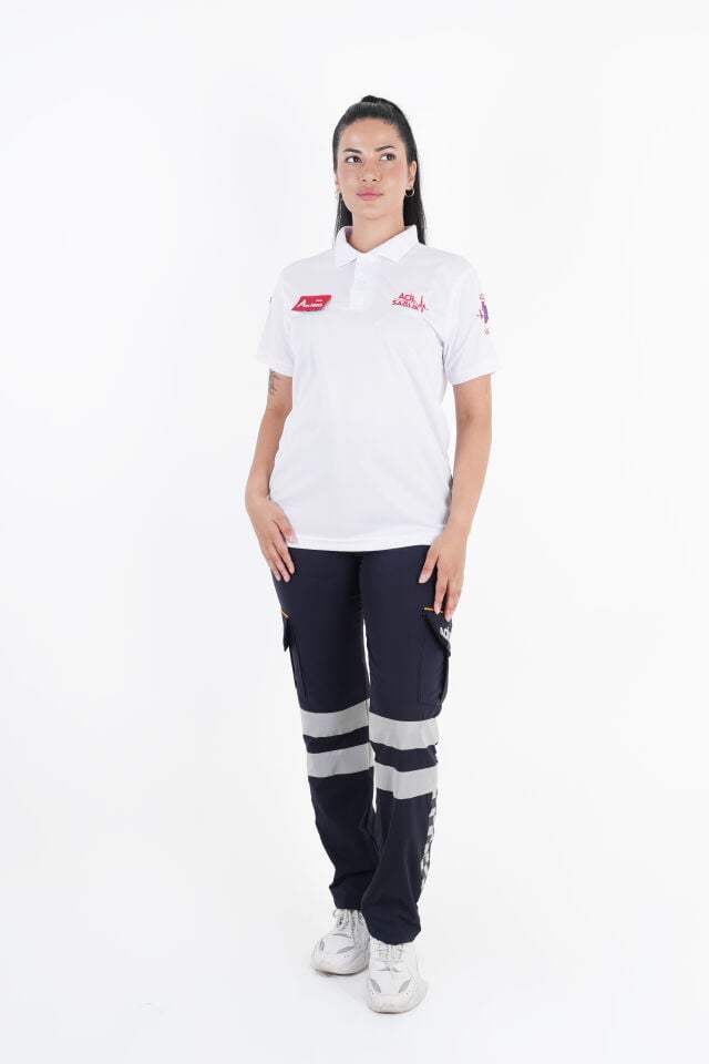 Ritimli Acil Sağlık Beyaz Comfort Polo Yaka (Unisex-Fileli)