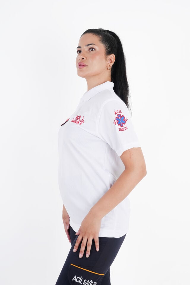 Ritimli Acil Sağlık Beyaz Comfort Polo Yaka (Unisex-Fileli)