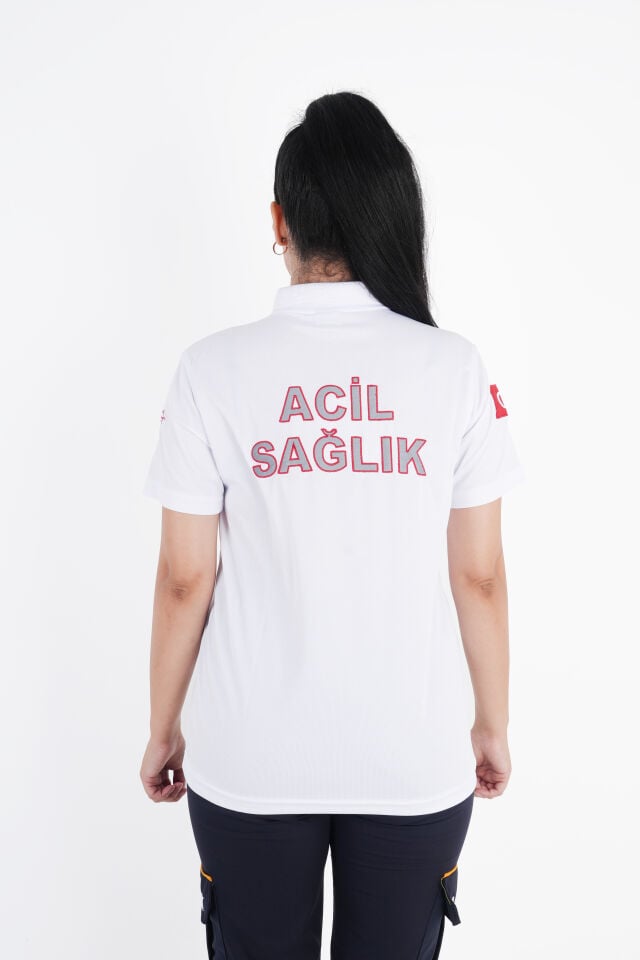 Ritimli Acil Sağlık Beyaz Comfort Polo Yaka (Unisex-Fileli)