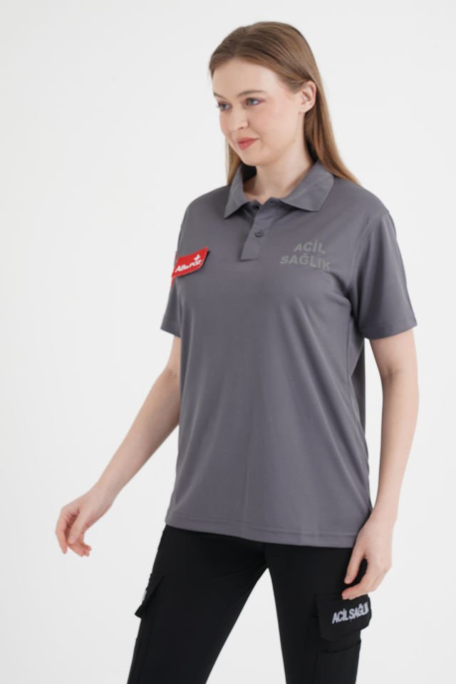 Acil Sağlık Comfort Polo Yaka T-shirt (Unisex-Fileli Kumaş) S-40 Beden - Füme