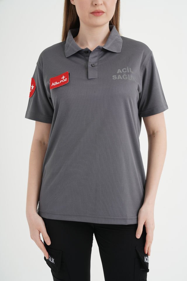 Acil Sağlık Comfort Polo Yaka T-shirt (Unisex-Fileli Kumaş) XXL-50/52 Beden - Füme