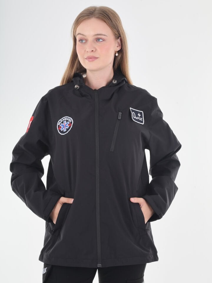 Paramedik Siyah Mevsimlik Kapşonlu Mont (Unisex)