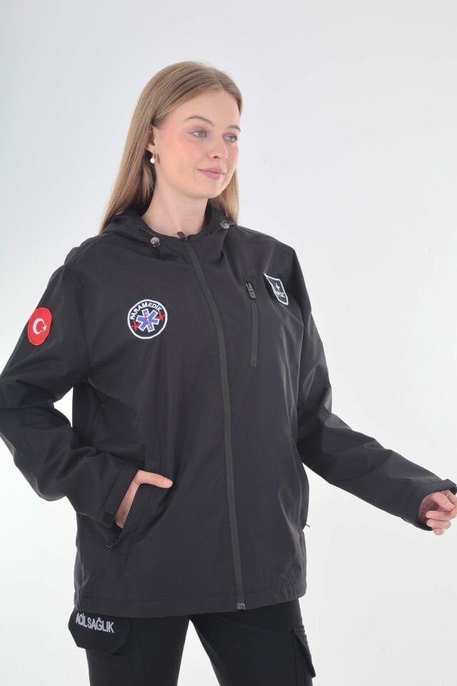 Paramedik Siyah Mevsimlik Kapşonlu Mont (Unisex)