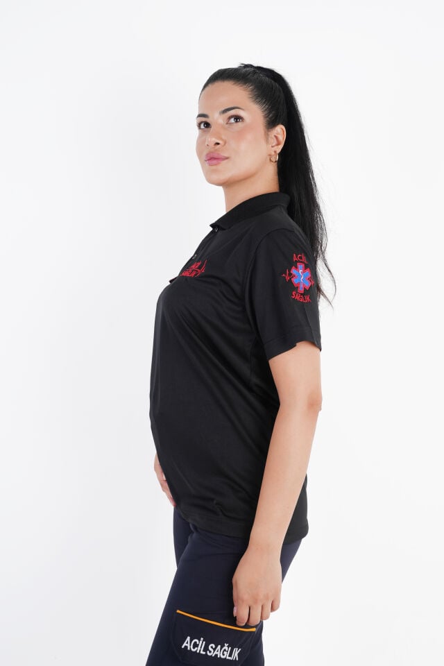 Ritimli Acil Sağlık Siyah Comfort Polo Yaka T-shirt (Unisex)