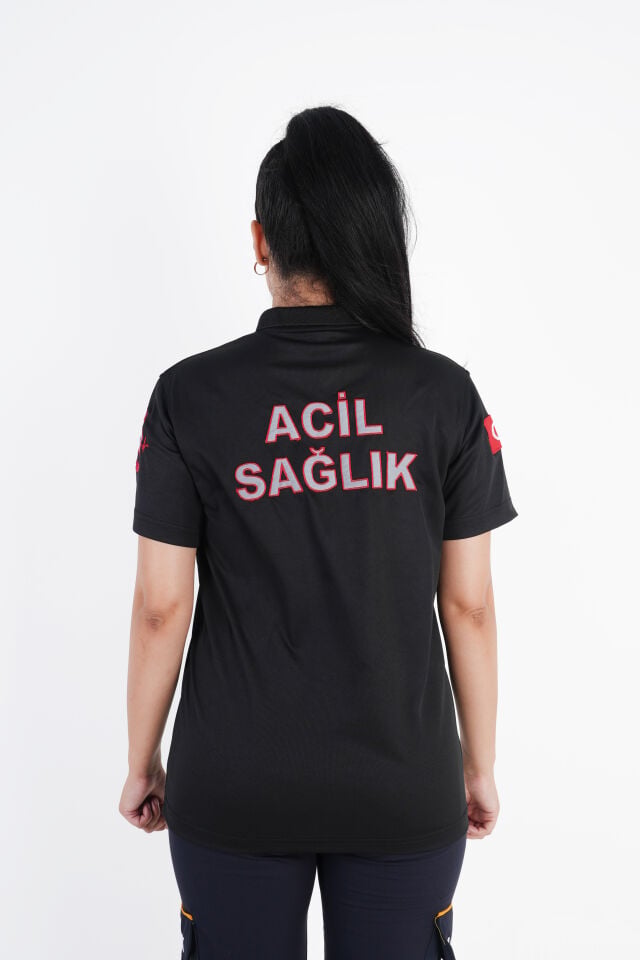 Ritimli Acil Sağlık Siyah Comfort Polo Yaka T-shirt (Unisex)