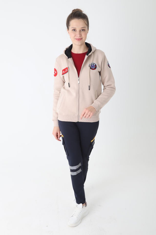 Yeni Paramedik Bej Rengi Kapşonlu Polar (Unisex)