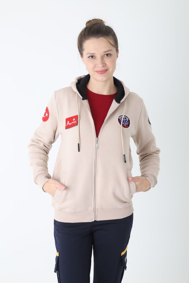 Yeni Paramedik Bej Rengi Kapşonlu Polar (Unisex)