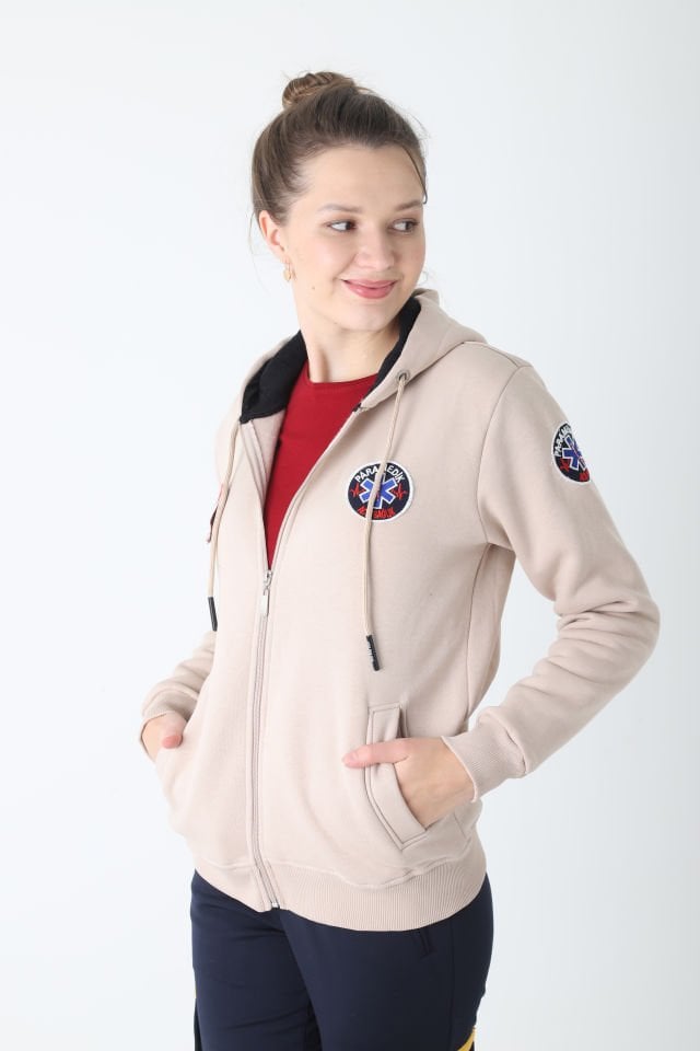 Yeni Paramedik Bej Rengi Kapşonlu Polar (Unisex)