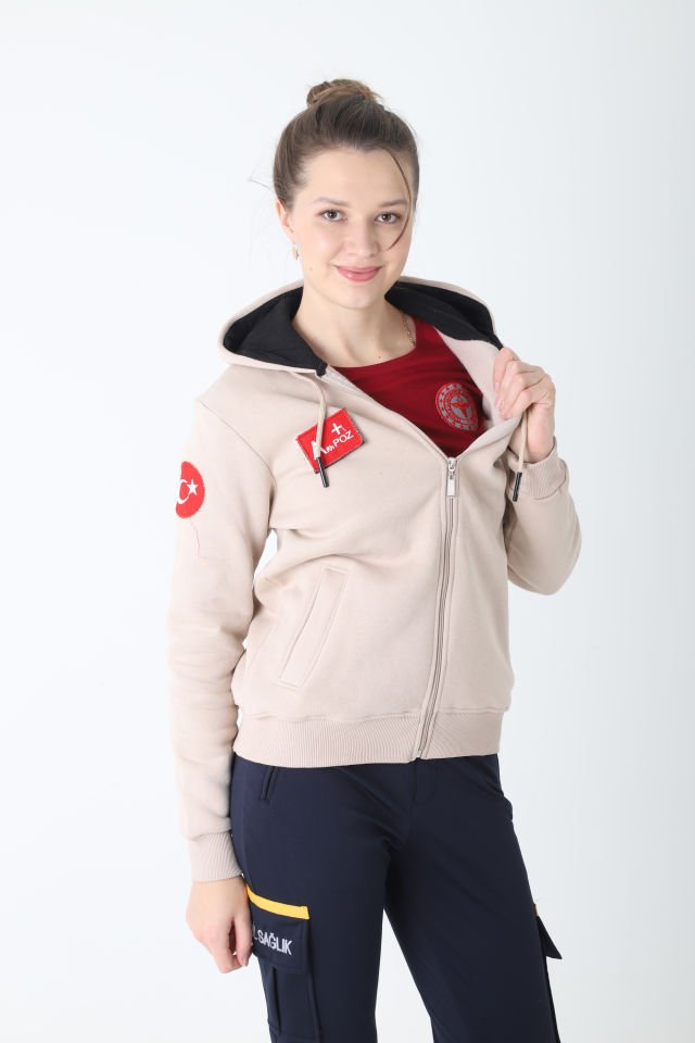 Yeni Paramedik Bej Rengi Kapşonlu Polar (Unisex)