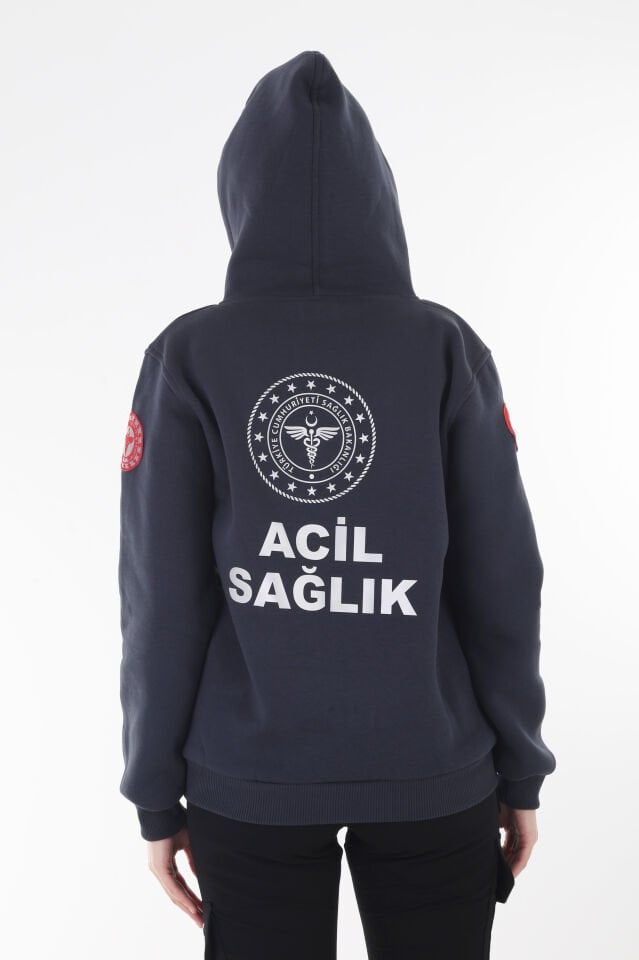112 Acil Sağlık Antrasiz Füme Kapşonlu Swit (Unisex)