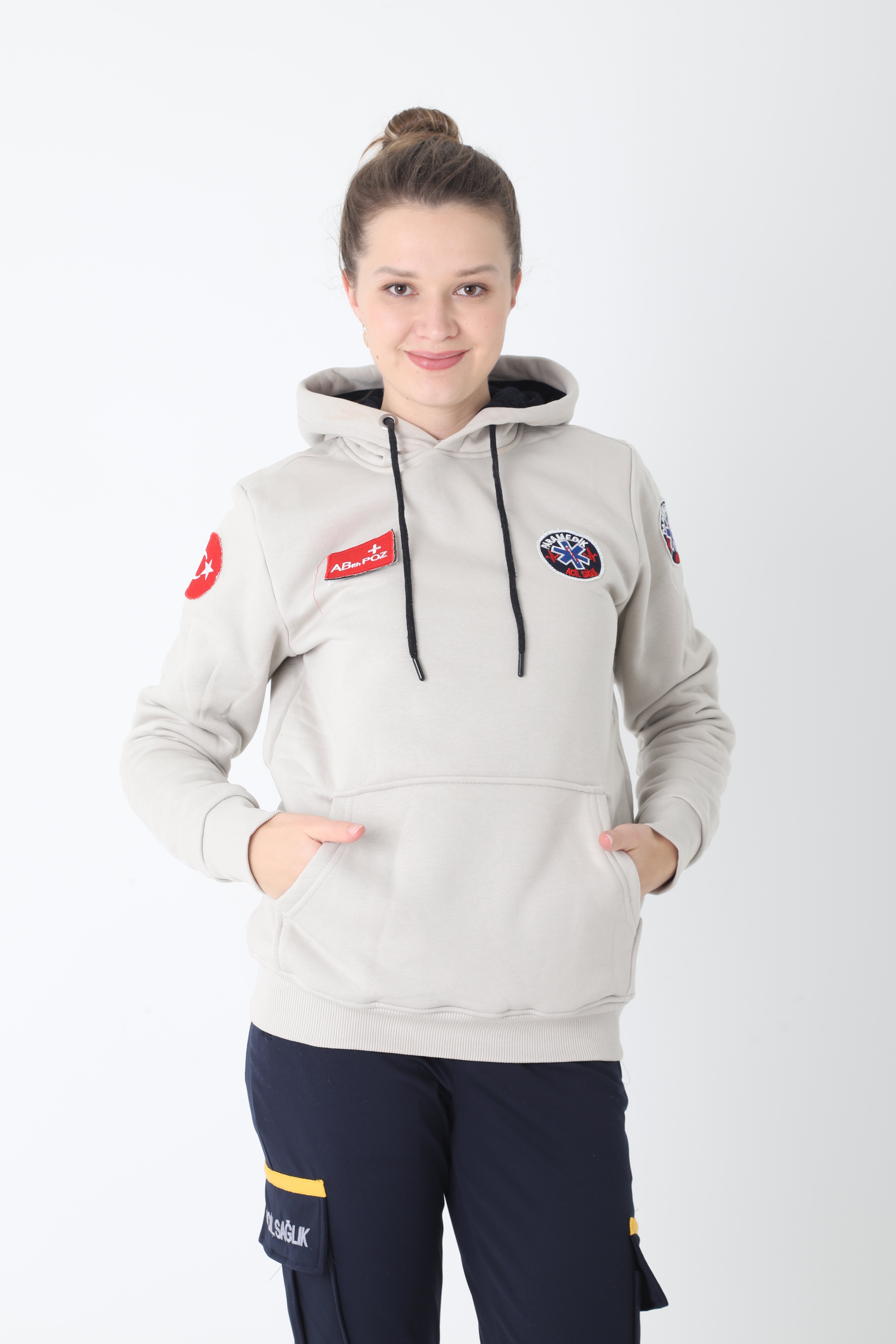 Yeni Paramedik Bej Rengi Kapşonlu Swit (Unisex)