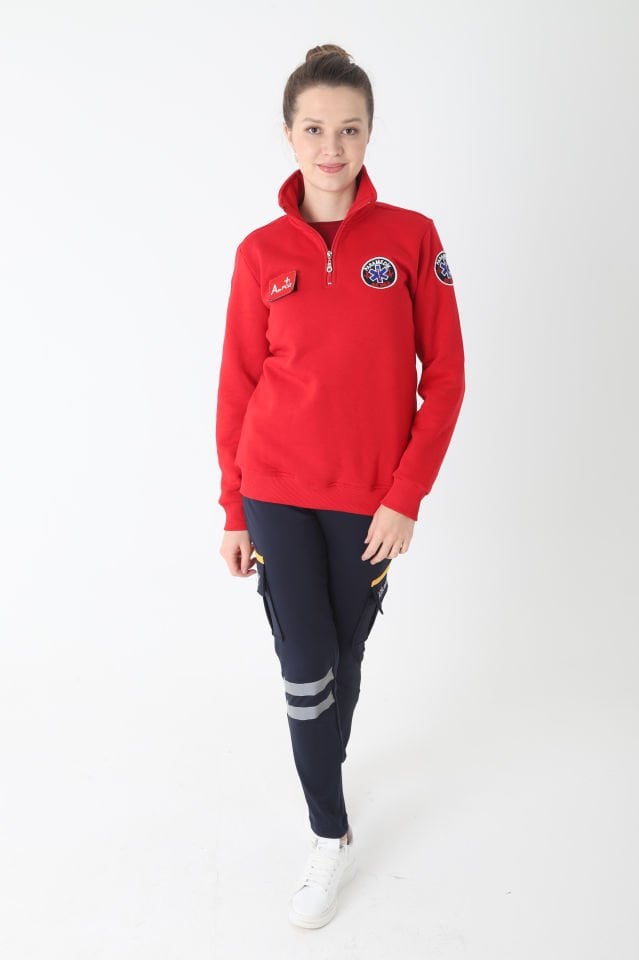 Yeni Paramedik Kırmızı Fermuarlı Swit (Unisex-3 İplik kumaş)