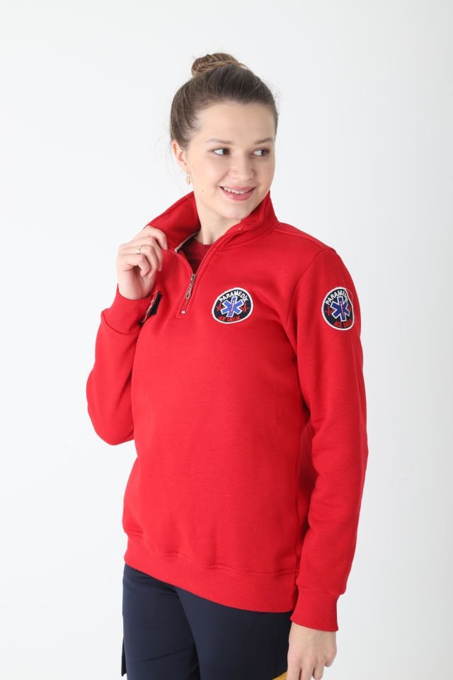 Yeni Paramedik Kırmızı Fermuarlı Swit (Unisex-3 İplik kumaş)