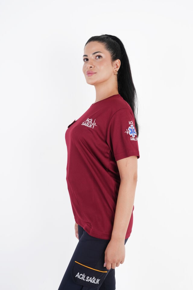 Ritimli Acil Sağlık Bordo Comfort Sıfır Yaka T-shirt (Unisex-Fileli)