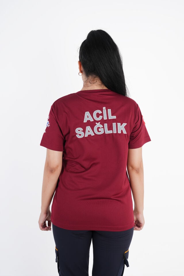 Ritimli Acil Sağlık Bordo Comfort Sıfır Yaka T-shirt (Unisex-Fileli)