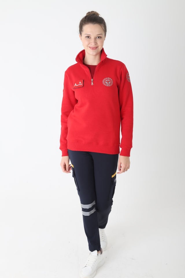 Yeni Acil Sağlık Kırmızı Fermuarlı Swit (Unisex-3 İplik kumaş)
