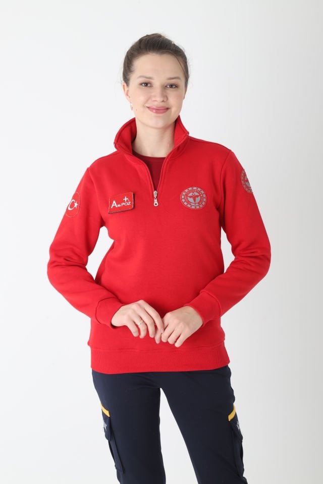 Yeni Acil Sağlık Kırmızı Fermuarlı Swit (Unisex-3 İplik kumaş)