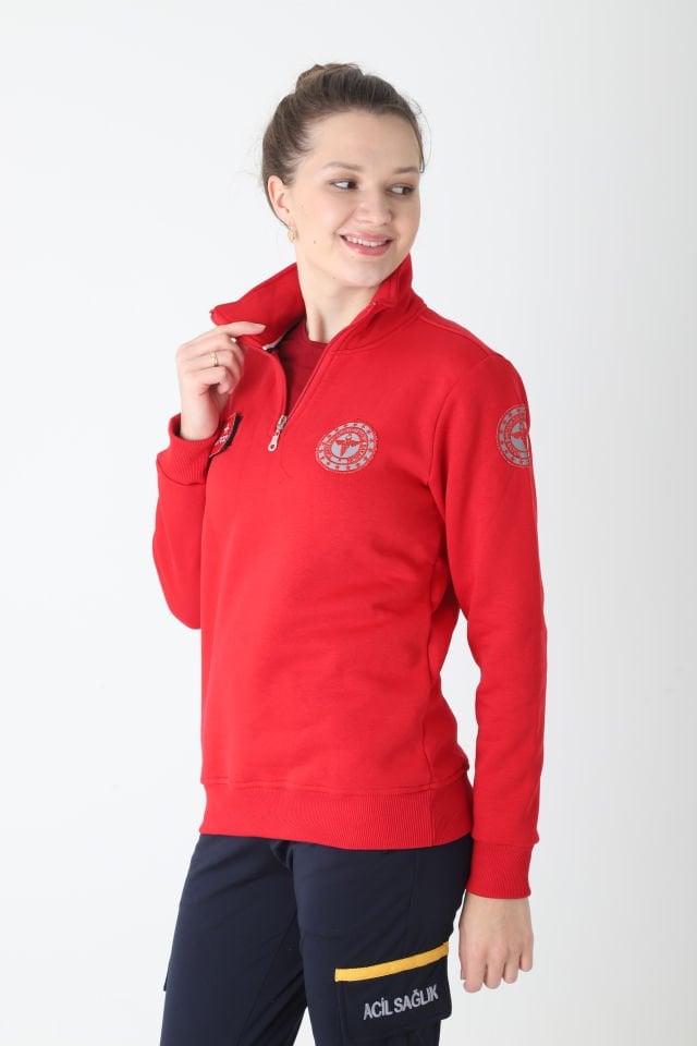 Yeni Acil Sağlık Kırmızı Fermuarlı Swit (Unisex-3 İplik kumaş)