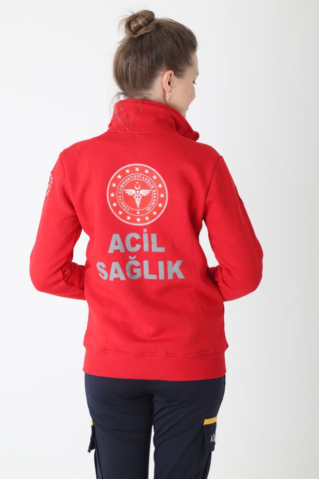 Yeni Acil Sağlık Kırmızı Fermuarlı Swit (Unisex-3 İplik kumaş)