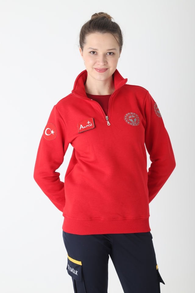 Yeni Acil Sağlık Kırmızı Fermuarlı Swit (Unisex-3 İplik kumaş)