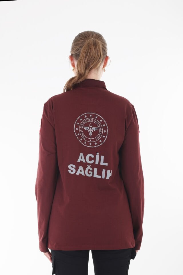 112 Acil Sağlık Bordo Polo Yaka Penye Uzun Kollu T-shirt (Unisex)
