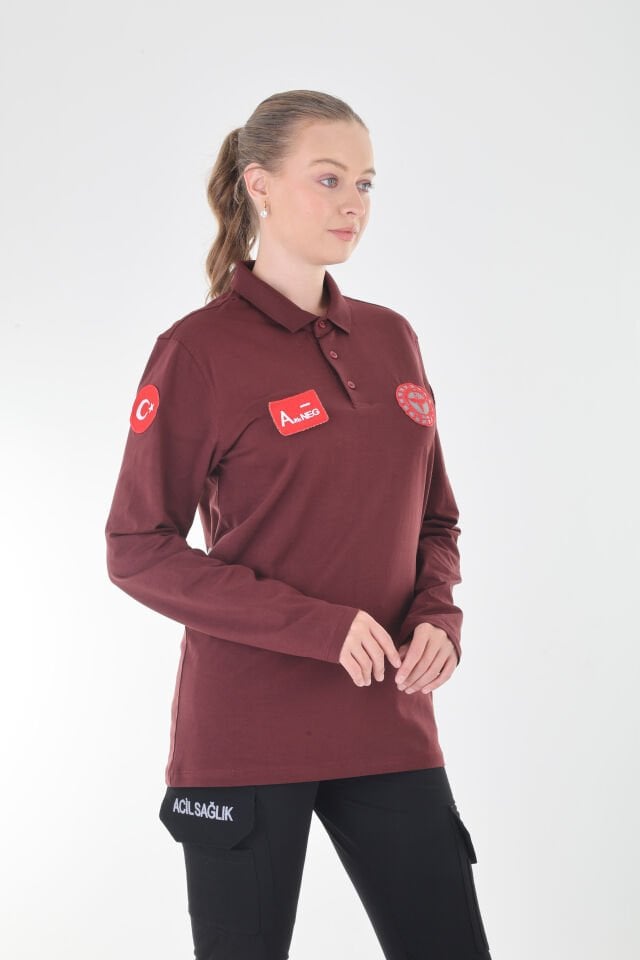 112 Acil Sağlık Bordo Polo Yaka Penye Uzun Kollu T-shirt (Unisex)