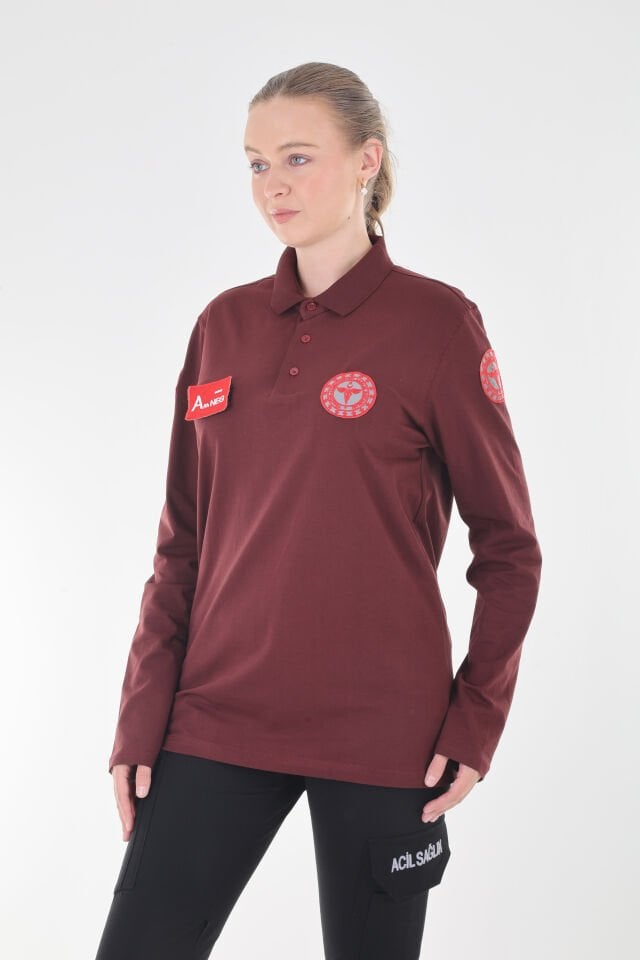 112 Acil Sağlık Bordo Polo Yaka Penye Uzun Kollu T-shirt (Unisex)