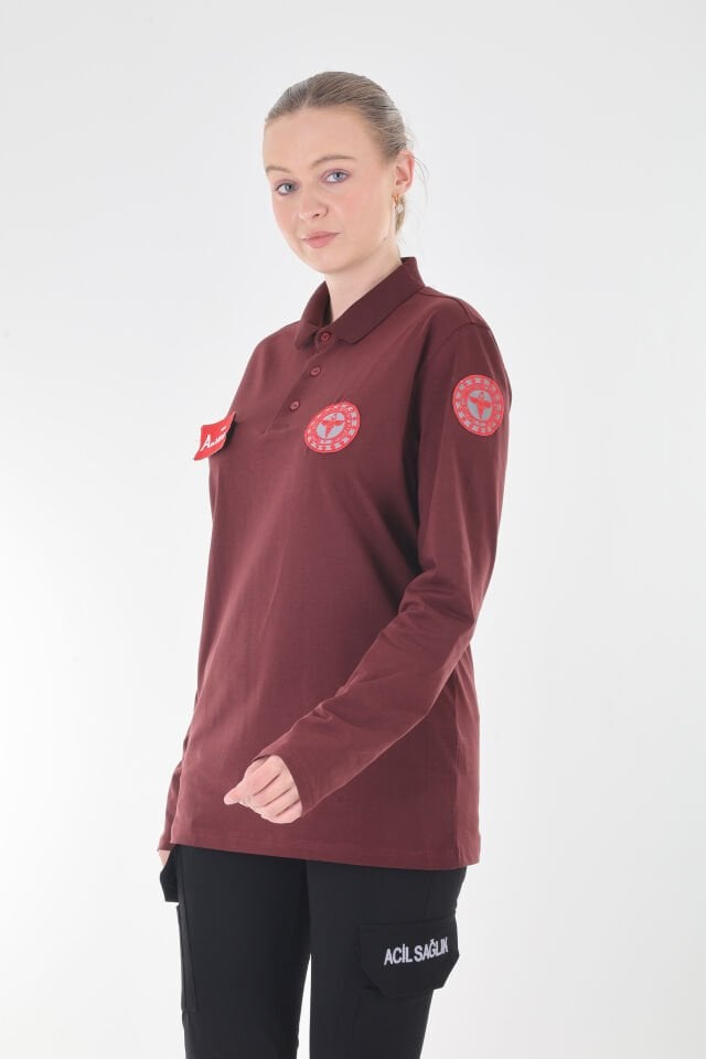 112 Acil Sağlık Bordo Polo Yaka Penye Uzun Kollu T-shirt (Unisex)