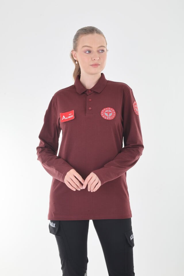 112 Acil Sağlık Bordo Polo Yaka Penye Uzun Kollu T-shirt (Unisex)