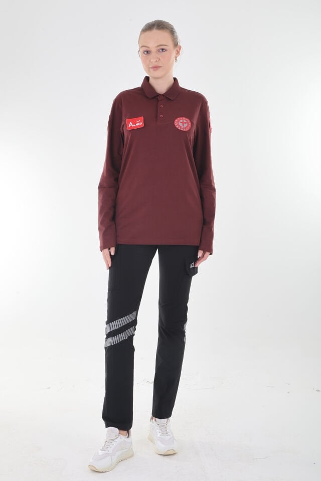 112 Acil Sağlık Bordo Polo Yaka Penye Uzun Kollu T-shirt (Unisex)