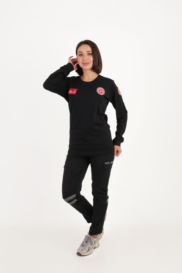 112 Acil Sağlık Siyah Uzun Kollu Penye Sıfır Yaka T-shirt ( Unisex)