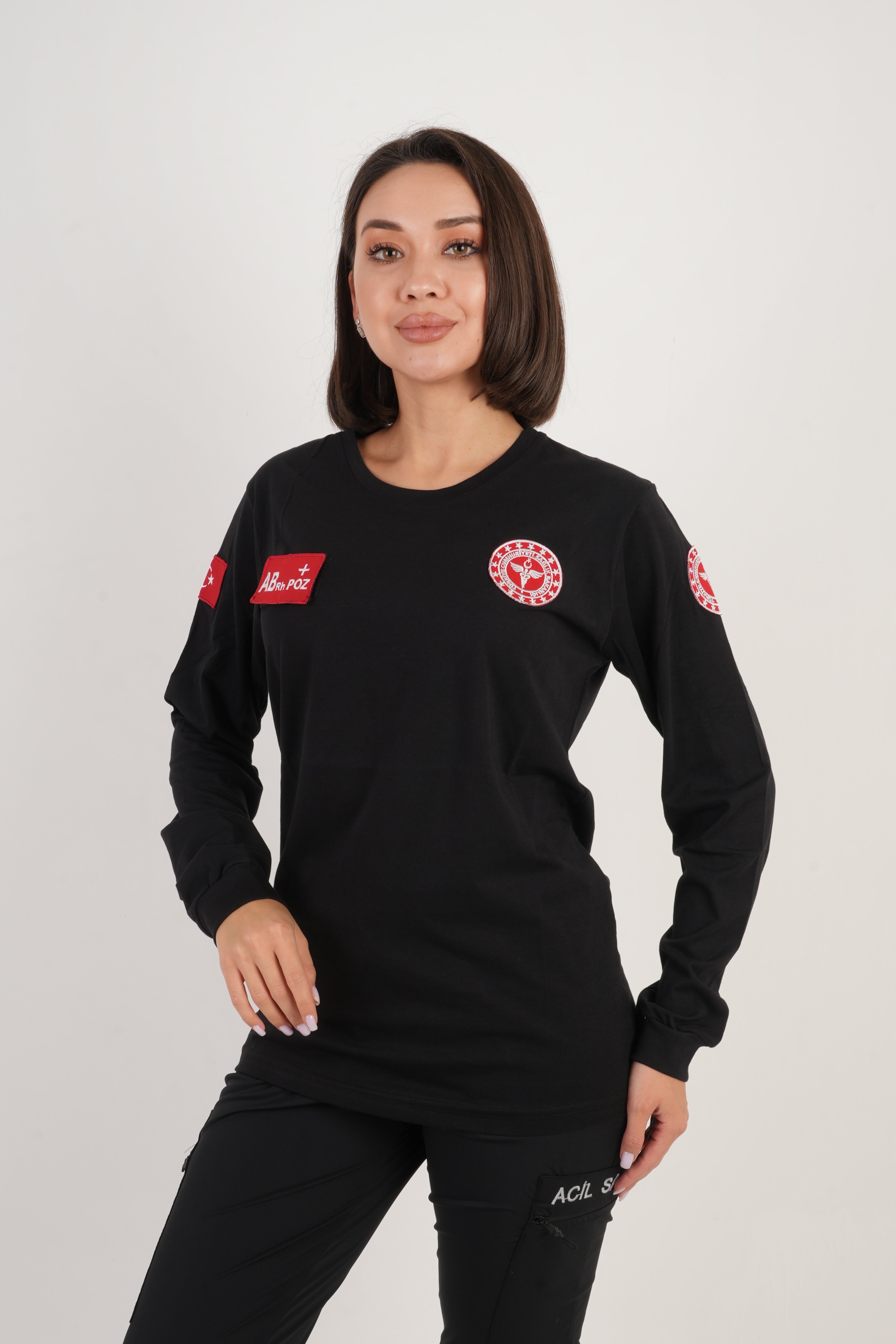 112 Acil Sağlık Siyah Uzun Kollu Penye Sıfır Yaka T-shirt ( Unisex)