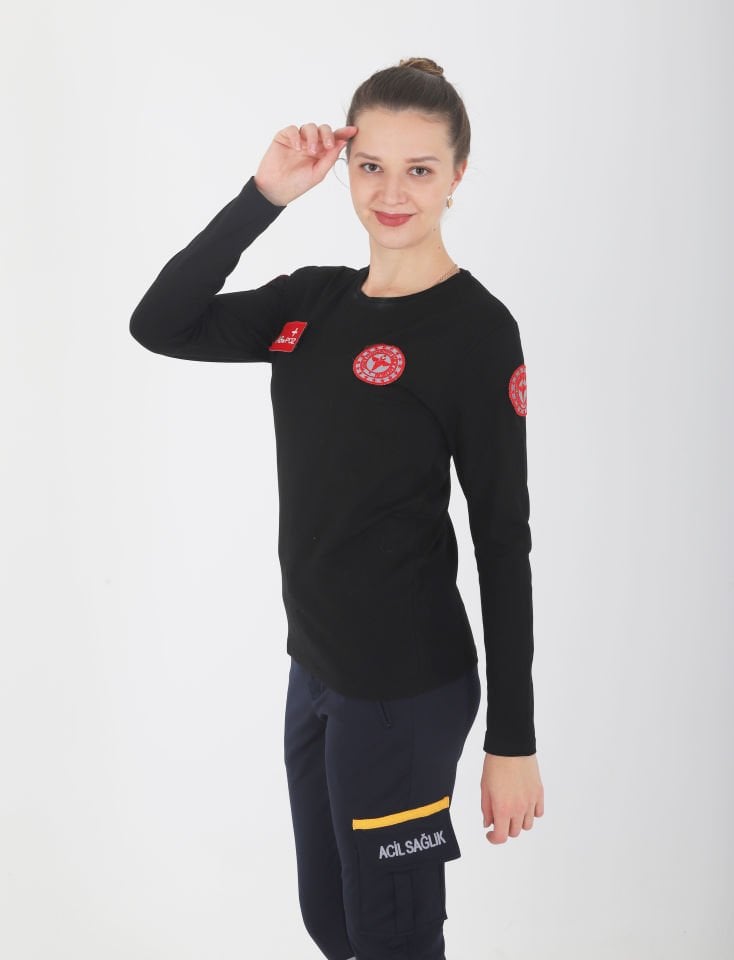 Yeni 112 Acil Sağlık Siyah Uzun Kollu Sıfır Yaka T-shirt (Penye Kumaş- Unisex)