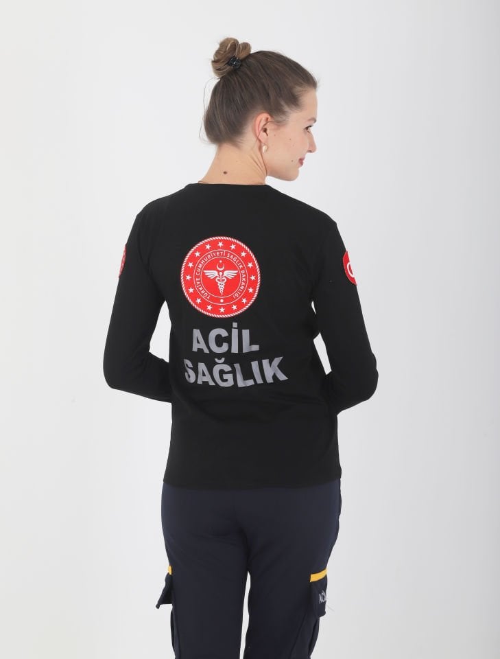 112 Acil Sağlık Siyah Uzun Kollu Penye Sıfır Yaka T-shirt ( Unisex)