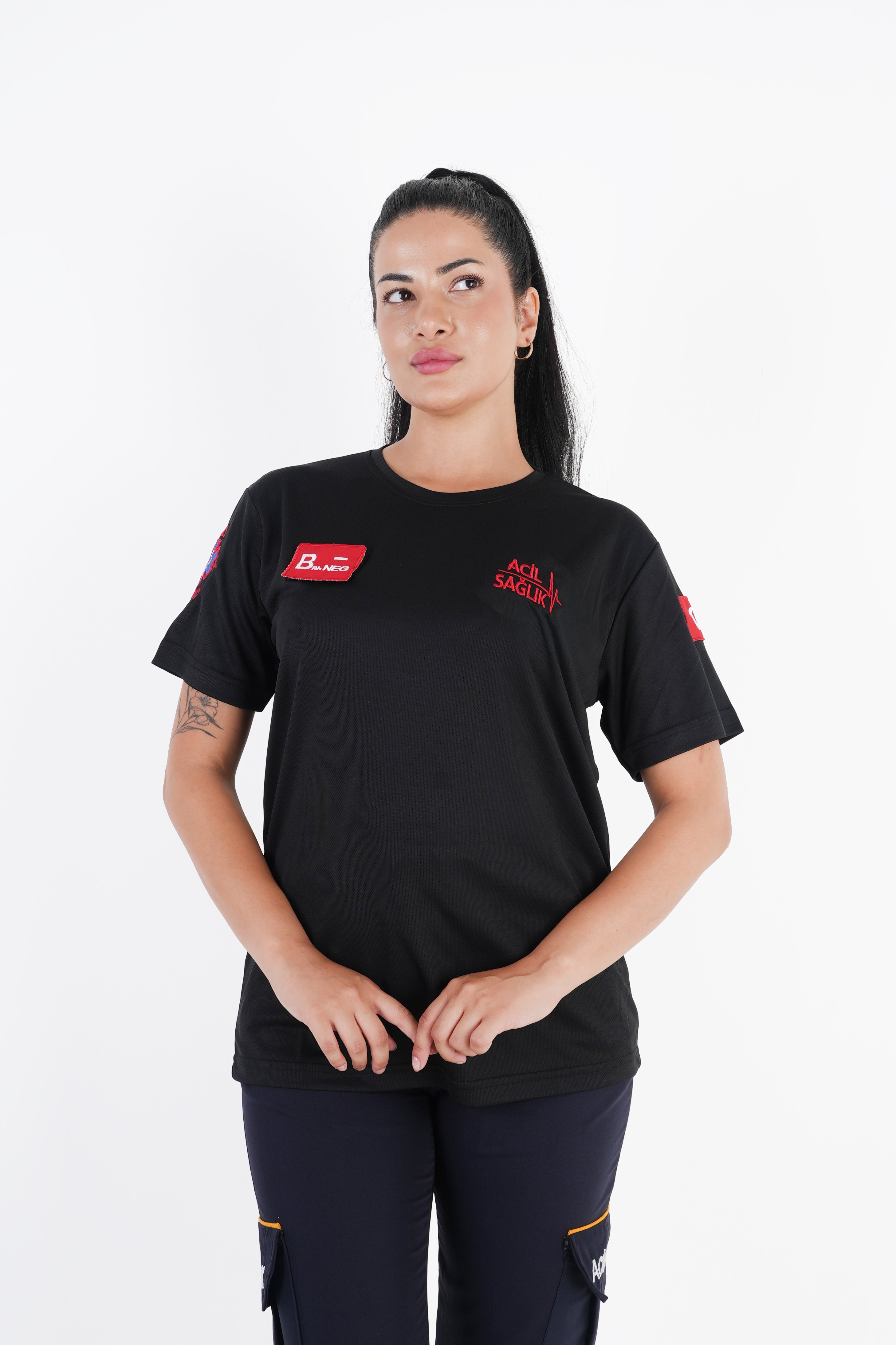 Ritimli Acil Sağlık Siyah Comfort Sıfır Yaka T-shirt (Unisex-Fileli)