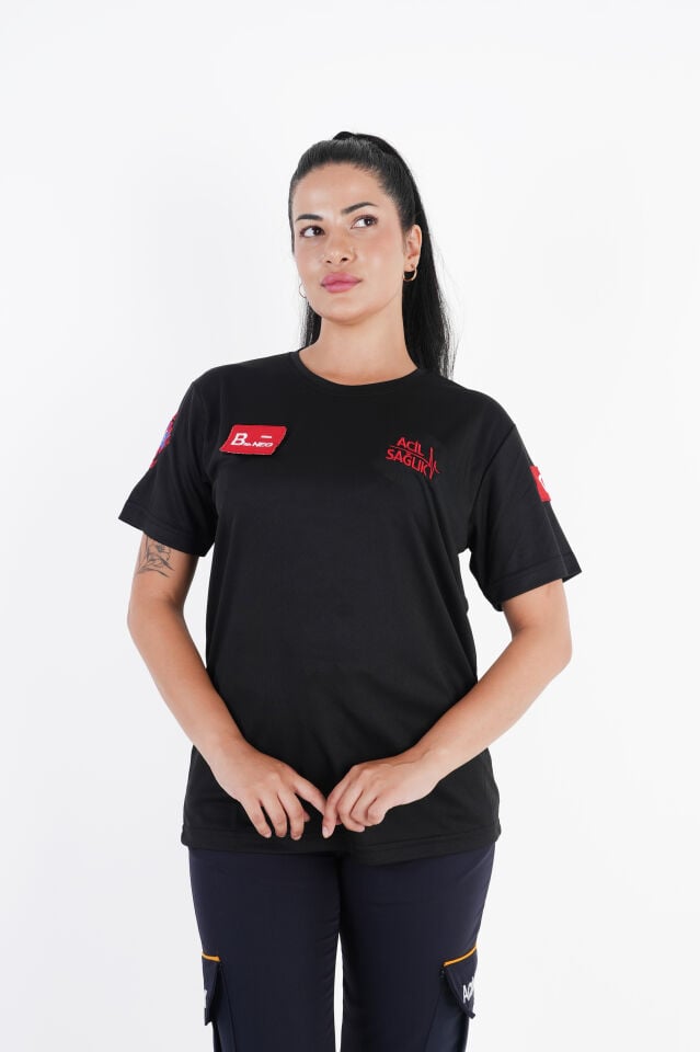 Ritimli Acil Sağlık Siyah Comfort Sıfır Yaka T-shirt (Unisex-Fileli)