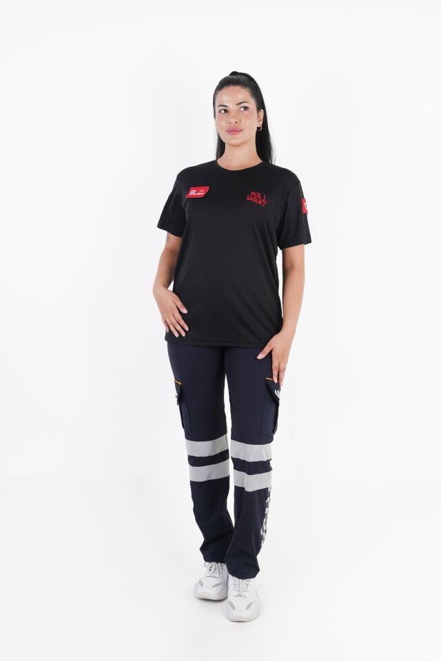 Ritimli Acil Sağlık Siyah Comfort Sıfır Yaka T-shirt (Unisex-Fileli)