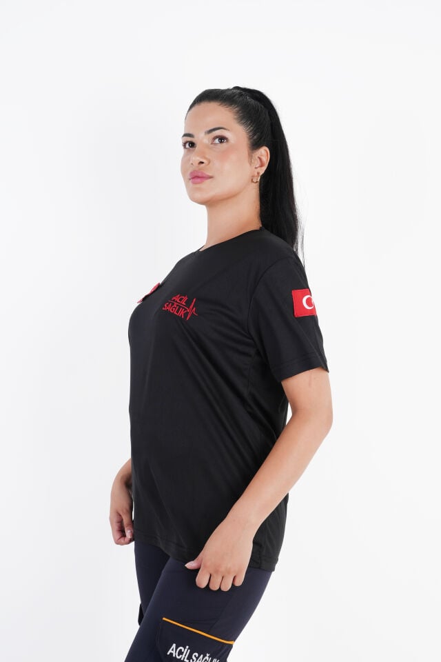 Ritimli Acil Sağlık Siyah Comfort Sıfır Yaka T-shirt (Unisex-Fileli)