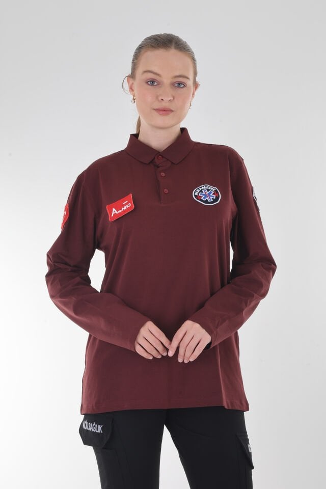 Paramedik Bordo Polo Yaka Penye Uzun Kollu T-shirt (Unisex)