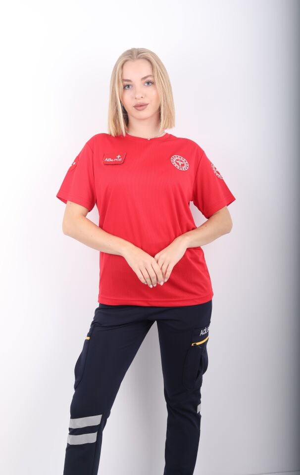 112 Acil Sağlık Comfort Sıfır Yaka Kırmızı T-shirt (Fileli-Unisex)