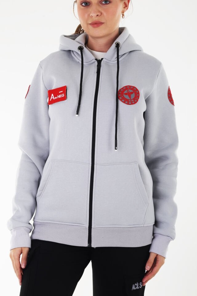 112 Acil Sağlık Gümüş Gri Kapşonlu Polar (Unisex)