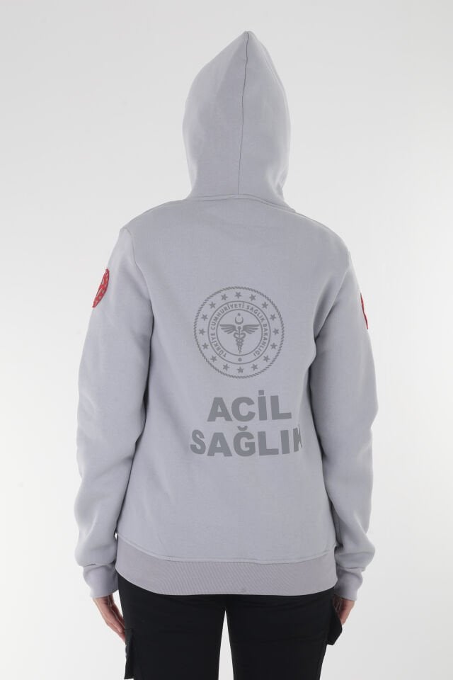 112 Acil Sağlık Gümüş Gri Kapşonlu Polar (Unisex)